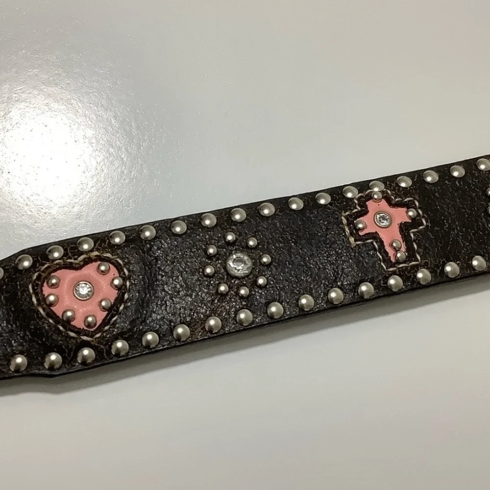 Nocona Pink Hearts Crosses studs Crystals Leather Western Belt Size 24 EUC
